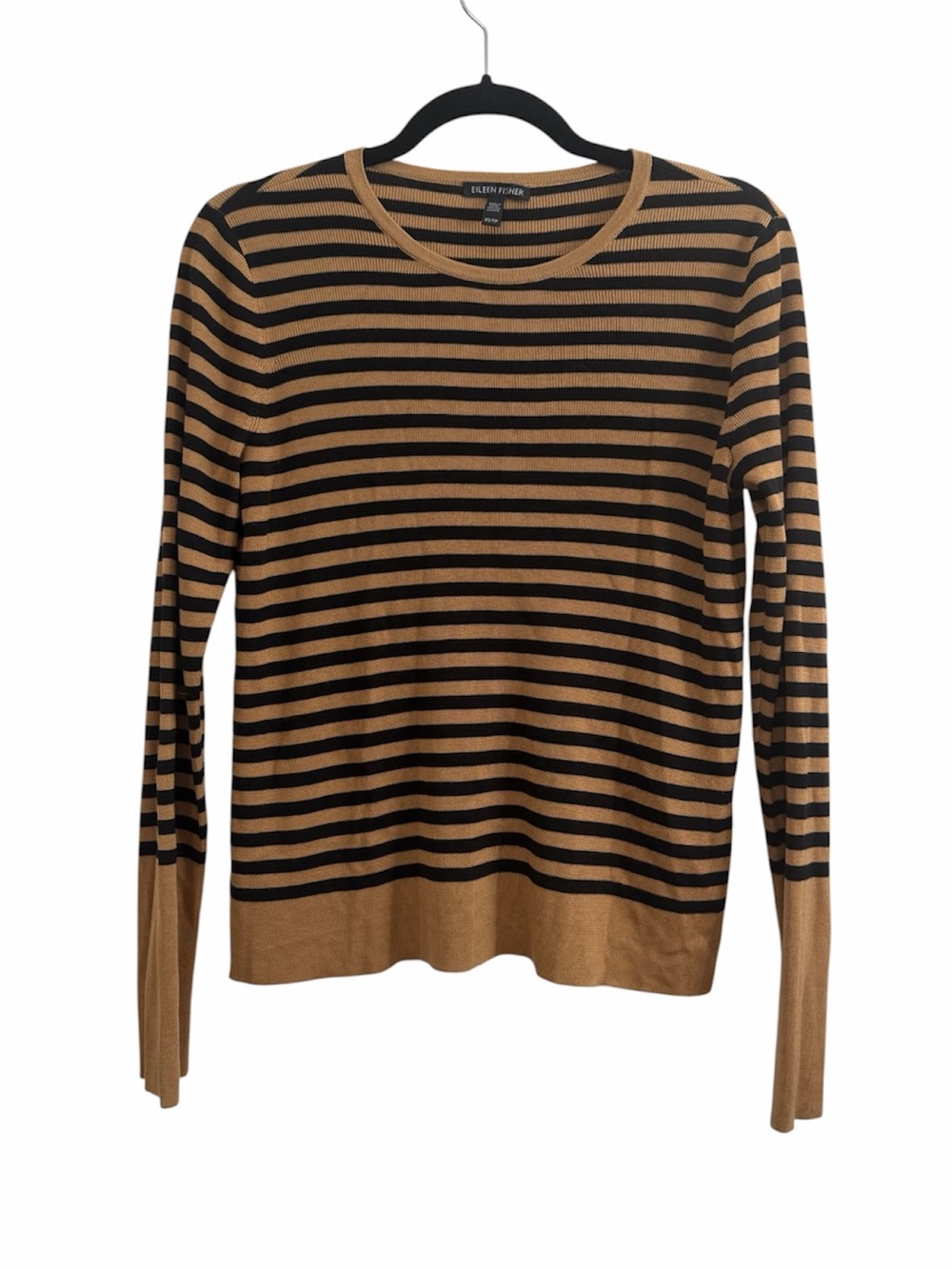 Eileen Fisher Stripes Camel and Black Crew Neck Silk Blend Sweater XS